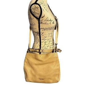 Calvin Klein Pebbled Leather Hobo Handbag Beige Color Crossbody Bag Adjustable